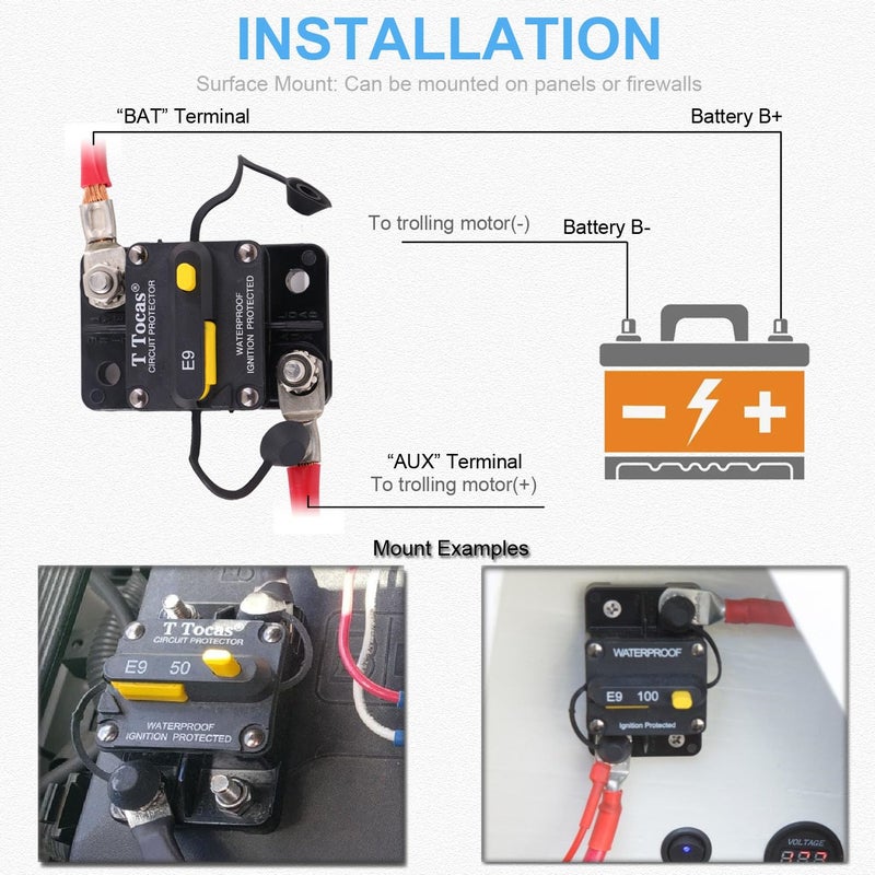 T Tocas E9 40 Amp Circuit Breaker with Manual Reset | 12V - 72V DC IP67 Waterproof Protection Switchable 40A - Image 5